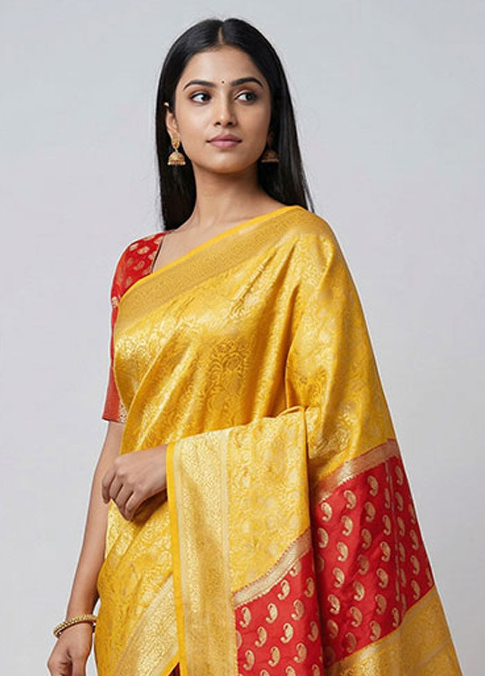 Yellow Dupion Silk Saree With Blouse Piece