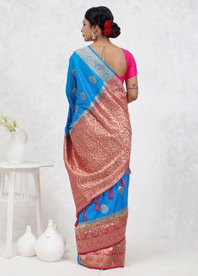 Blue Dupion Silk Saree Without Blouse Piece - Indian Silk House Agencies