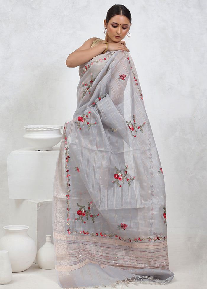Grey Tissue Silk Saree With Blouse Piece - Indian Silk House Agencies