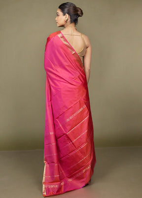 Pink Handloom Kanjivaram Pure Silk Saree With Blouse Piece