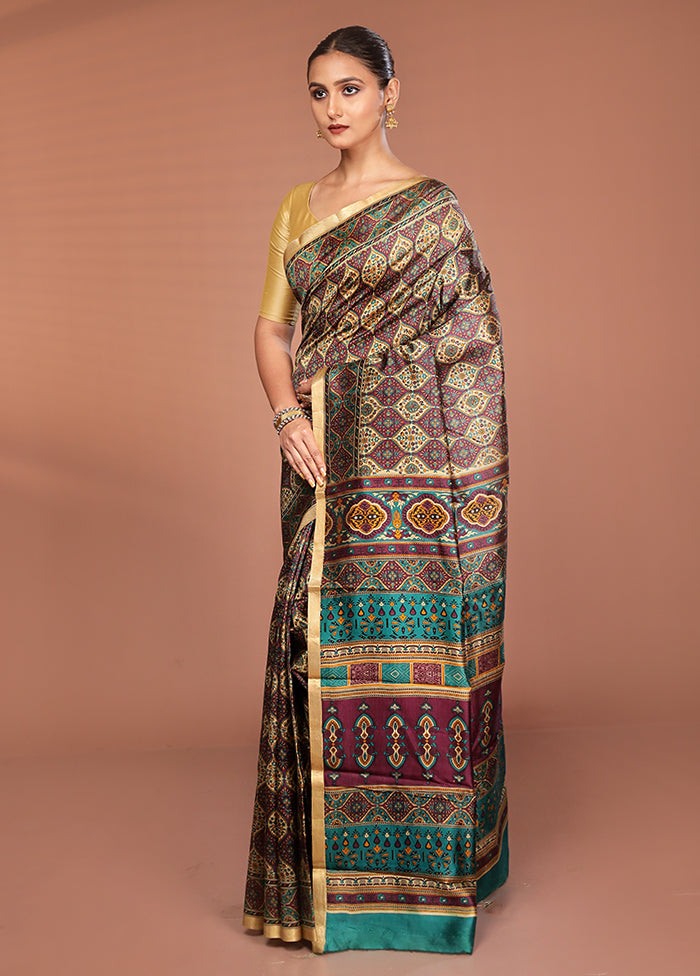 Cream Printed Pure Silk Saree Without Blouse Piece