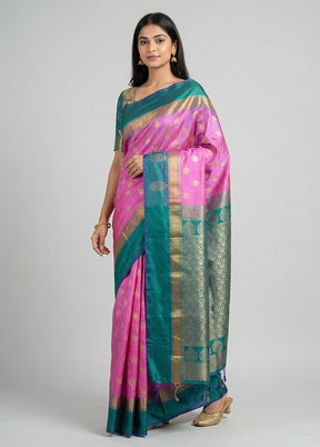 Pink Handloom Kanjivaram Pure Silk Saree With Blouse Piece