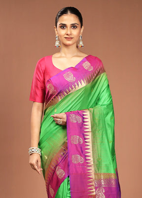 Green Handloom Kanjivaram Pure Silk Saree With Blouse Piece