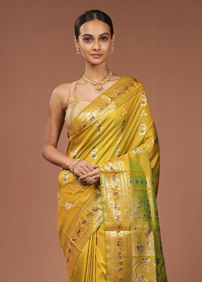 Yellow Handloom Baluchari Pure Silk Saree With Blouse Piece