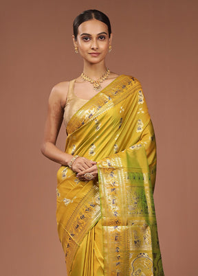 Yellow Handloom Baluchari Pure Silk Saree With Blouse Piece