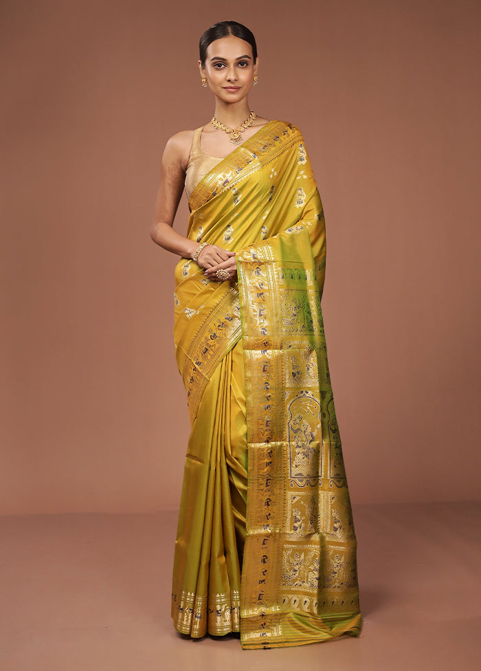 Yellow Handloom Baluchari Pure Silk Saree With Blouse Piece