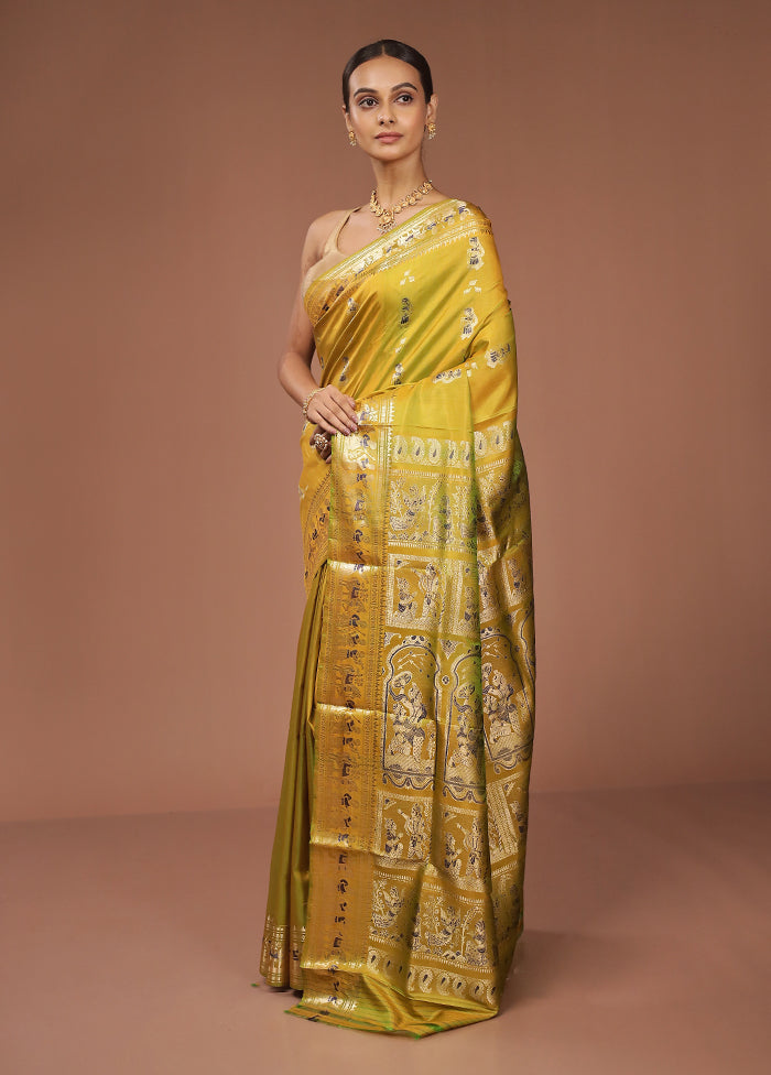 Yellow Handloom Baluchari Pure Silk Saree With Blouse Piece