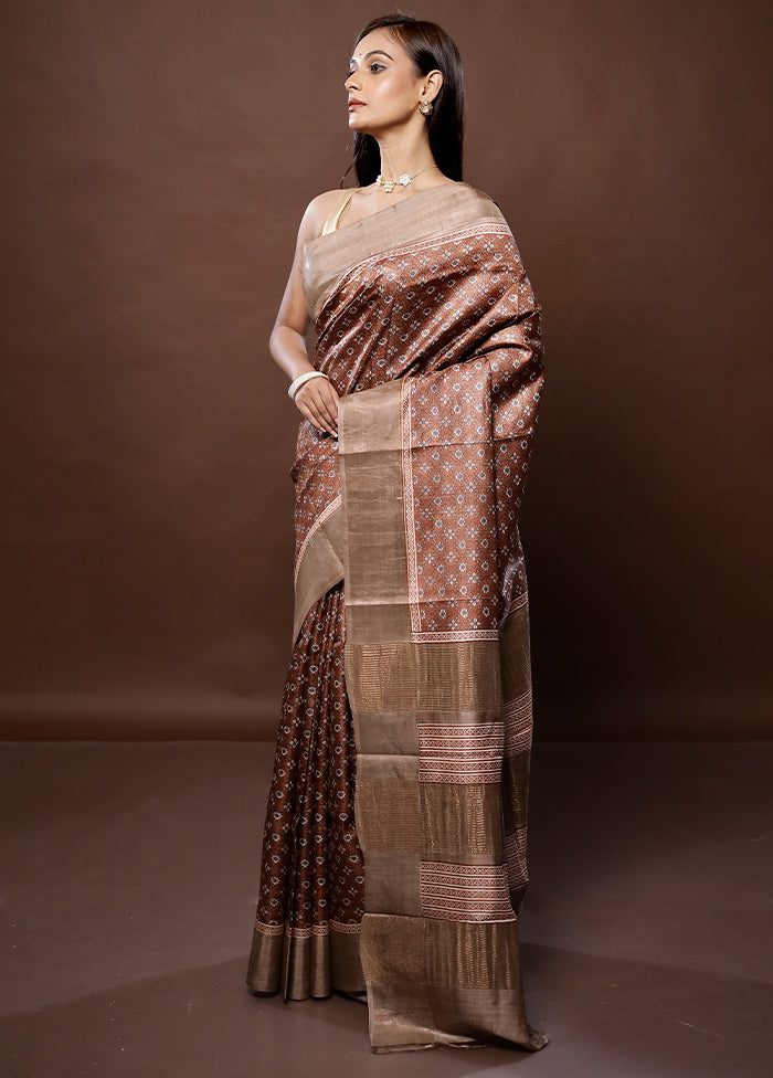 Brown Tussar Silk Saree With Blouse Piece - Indian Silk House Agencies