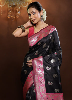 Black Dupion Silk Saree With Blouse Piece - Indian Silk House Agencies