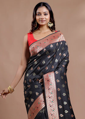 Black Dupion Silk Saree With Blouse Piece - Indian Silk House Agencies