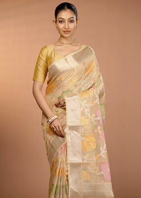 Cream Kora Silk Saree With Blouse Piece