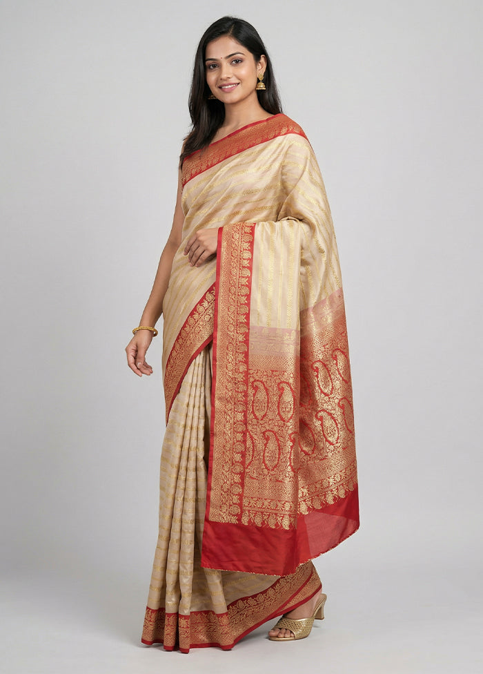 Cream Handloom Katan Pure Silk Saree With Blouse Piece