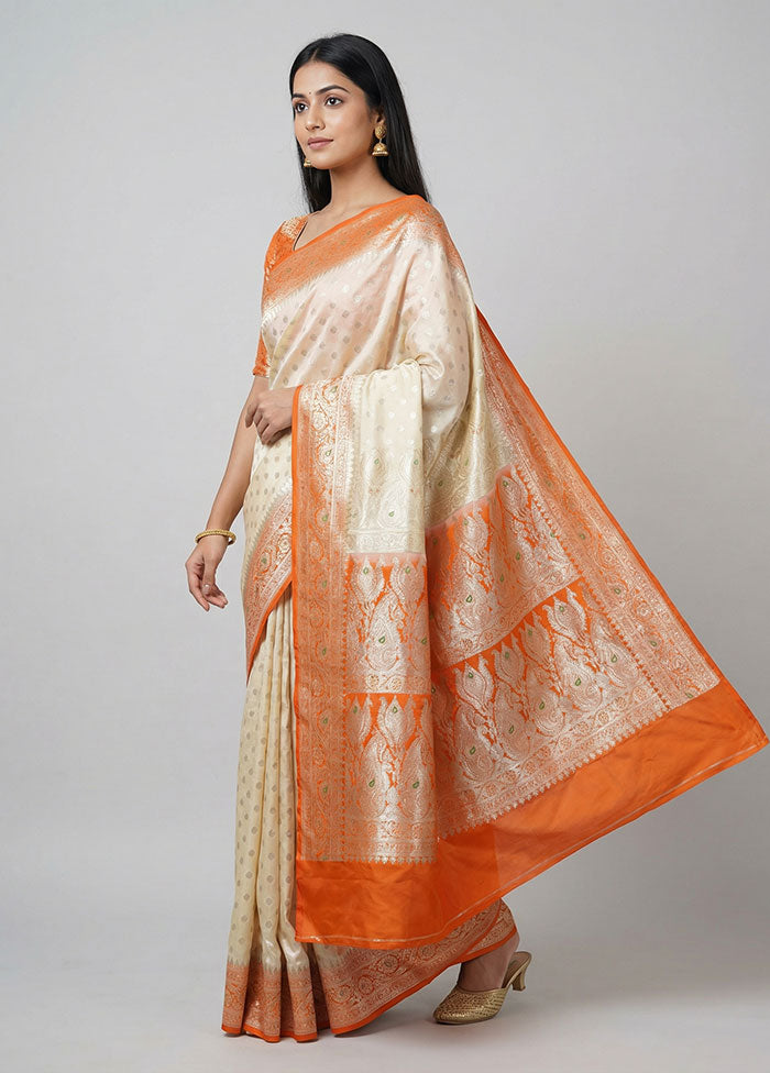 Cream Banarasi Silk Saree With Blouse Piece