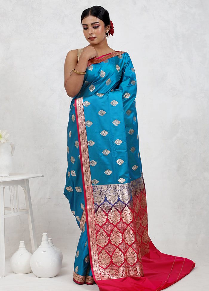 Blue Banarasi Silk Saree Without Blouse Piece - Indian Silk House Agencies