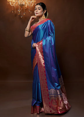 Blue Banarasi Silk Saree With Blouse Piece - Indian Silk House Agencies