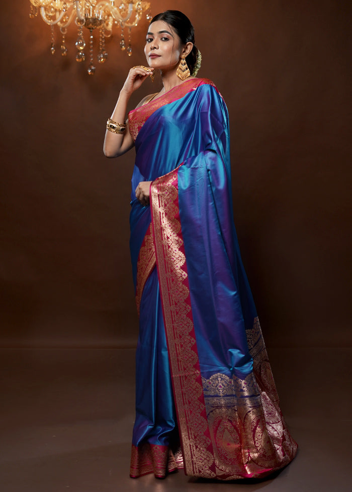 Blue Banarasi Silk Saree With Blouse Piece - Indian Silk House Agencies
