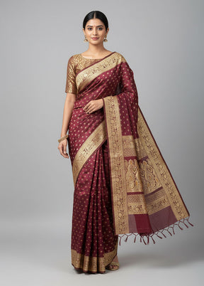 Maroon Handloom Banarasi Pure Silk Saree With Blouse Piece