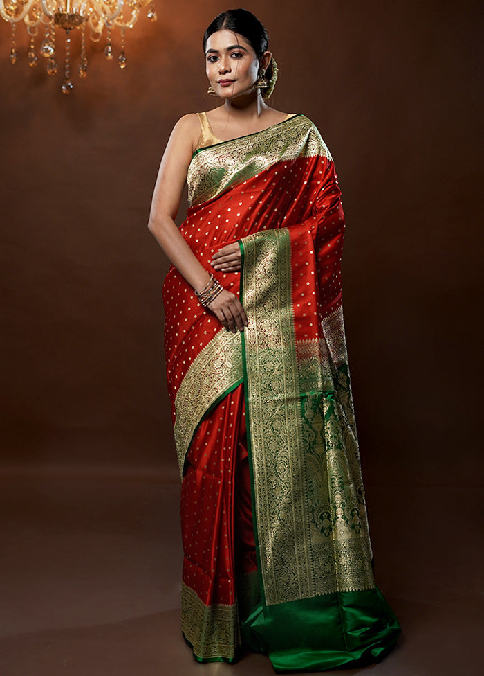 Red Handloom Banarasi Pure Silk Saree With Blouse Piece - Indian Silk House Agencies