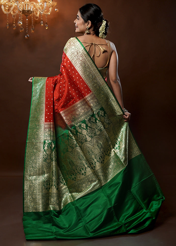 Red Handloom Banarasi Pure Silk Saree With Blouse Piece - Indian Silk House Agencies