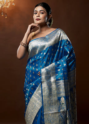 Blue Handloom Banarasi Pure Silk Saree With Blouse Piece - Indian Silk House Agencies