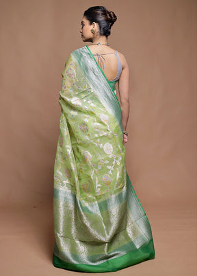 Green Handloom Pure Organza Saree With Blouse Piece