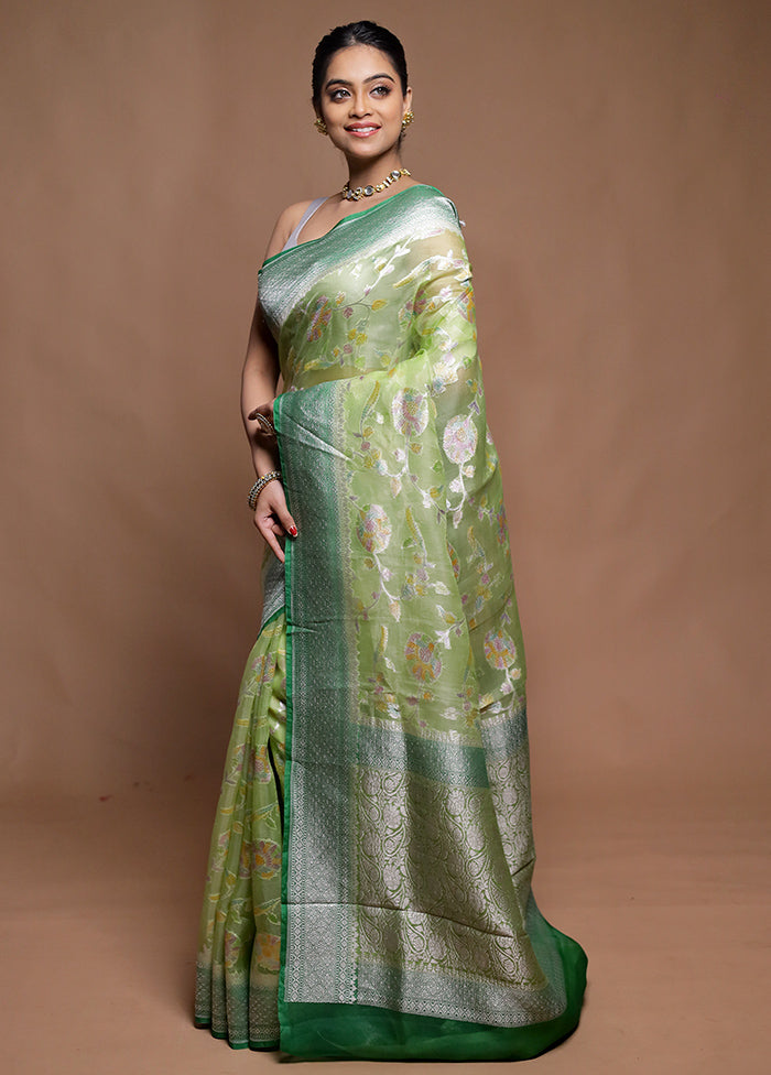 Green Handloom Pure Organza Saree With Blouse Piece