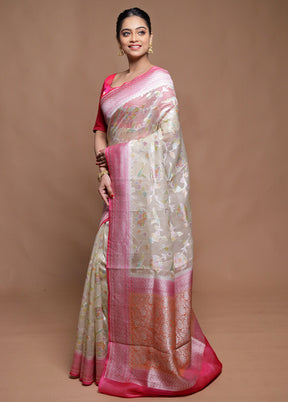 Cream Handloom Pure Organza Saree With Blouse Piece