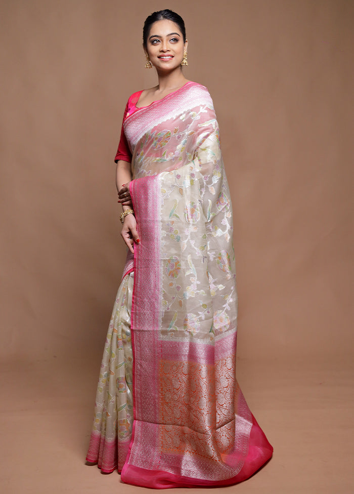 Cream Handloom Pure Organza Saree With Blouse Piece