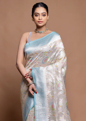 Cream Handloom Pure Organza Saree With Blouse Piece