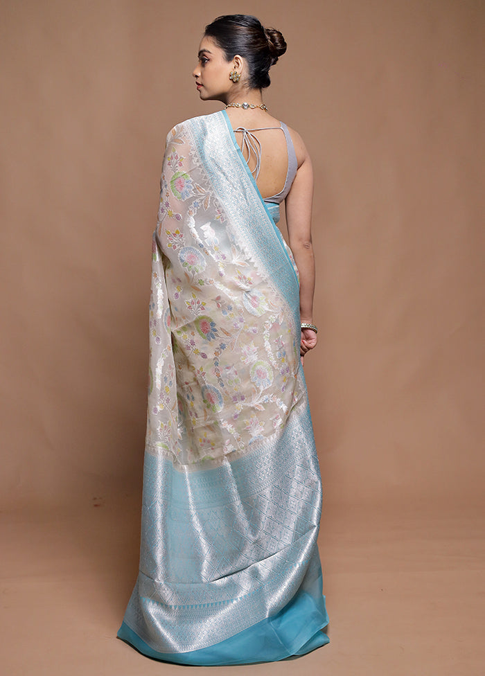 Cream Handloom Pure Organza Saree With Blouse Piece