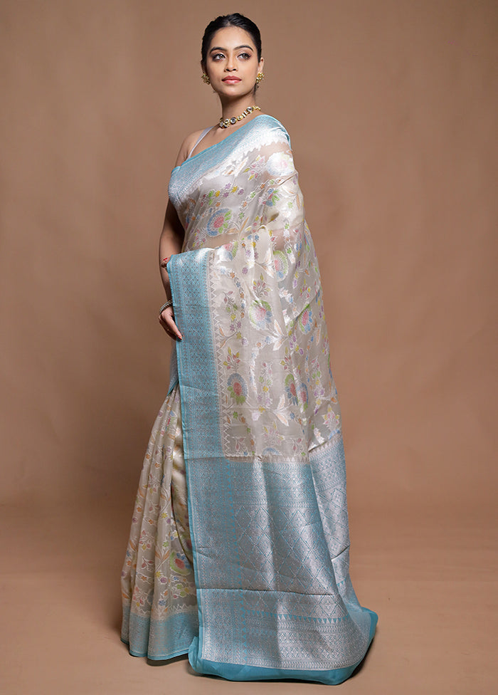 Cream Handloom Pure Organza Saree With Blouse Piece