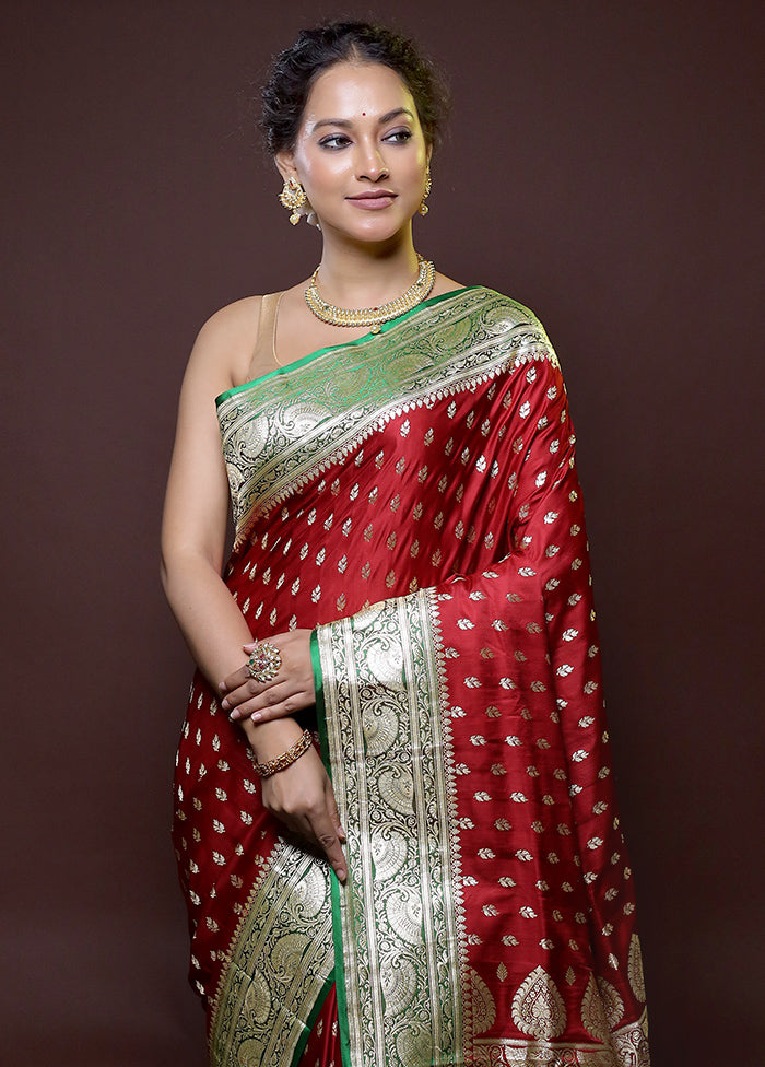 Maroon Handloom Banarasi Pure Silk Saree With Blouse Piece