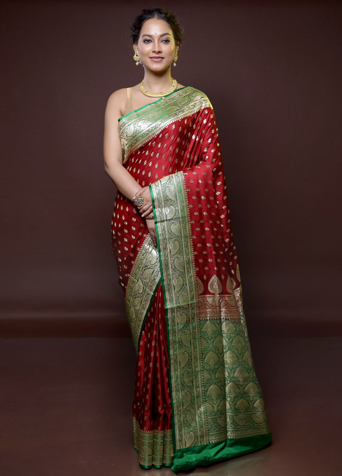 Maroon Handloom Banarasi Pure Silk Saree With Blouse Piece