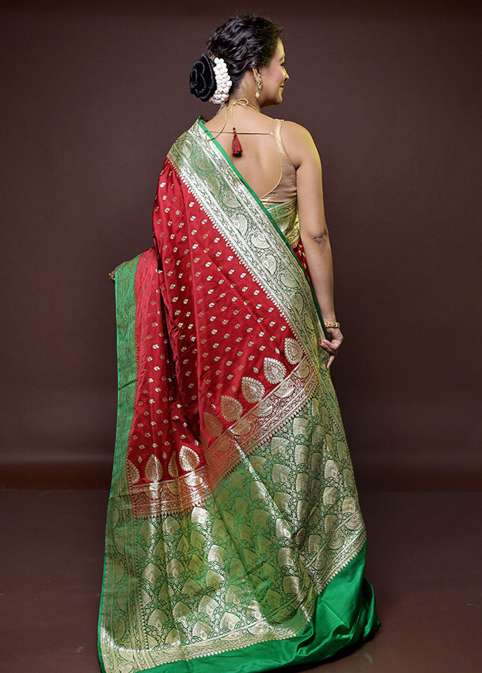 Maroon Handloom Banarasi Pure Silk Saree With Blouse Piece