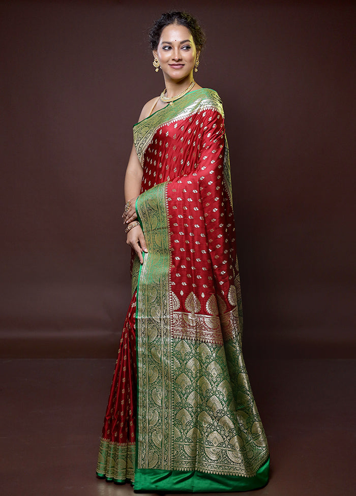 Maroon Handloom Banarasi Pure Silk Saree With Blouse Piece