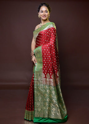 Maroon Handloom Banarasi Pure Silk Saree With Blouse Piece