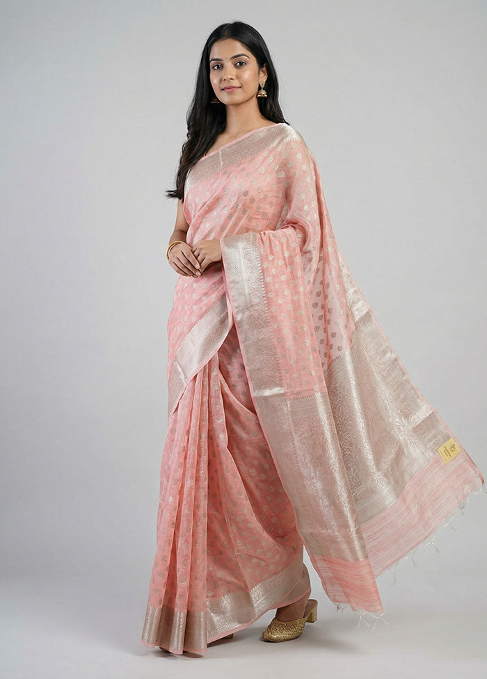Peach Kora Silk Saree With Blouse Piece