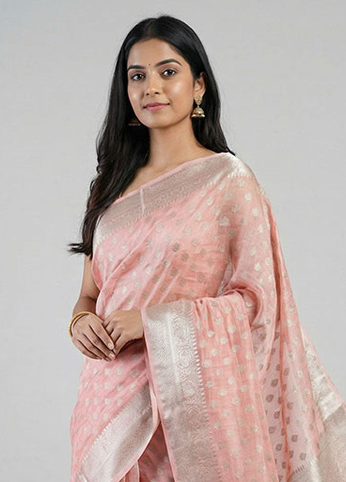 Peach Kora Silk Saree With Blouse Piece