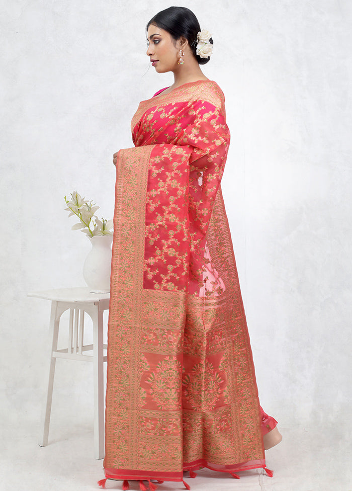 Pink Organza Saree Without Blouse Piece - Indian Silk House Agencies