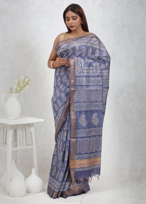 Blue Chanderi Cotton Saree Without Blouse Piece - Indian Silk House Agencies