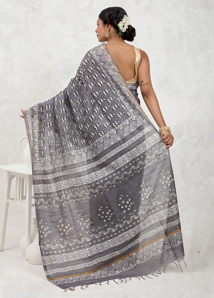 Grey Chanderi Cotton Saree Without Blouse Piece - Indian Silk House Agencies