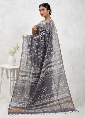 Grey Chanderi Cotton Saree Without Blouse Piece - Indian Silk House Agencies