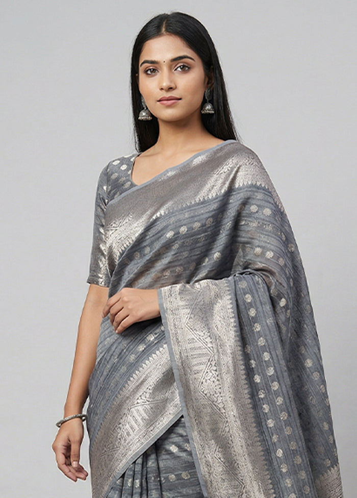 Grey Kora Silk Saree With Blouse Piece