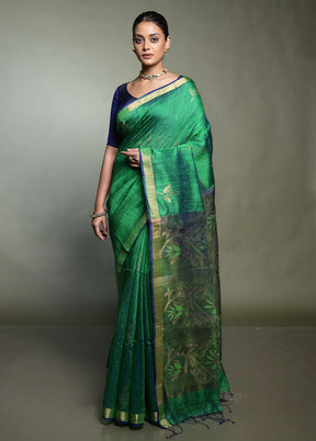 Green Handloom Matka Pure Silk Saree With Blouse Piece