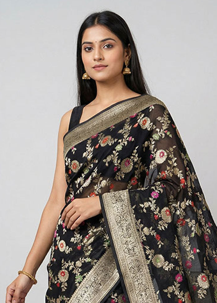 Black Handloom Pure Georgette Saree With Blouse Piece