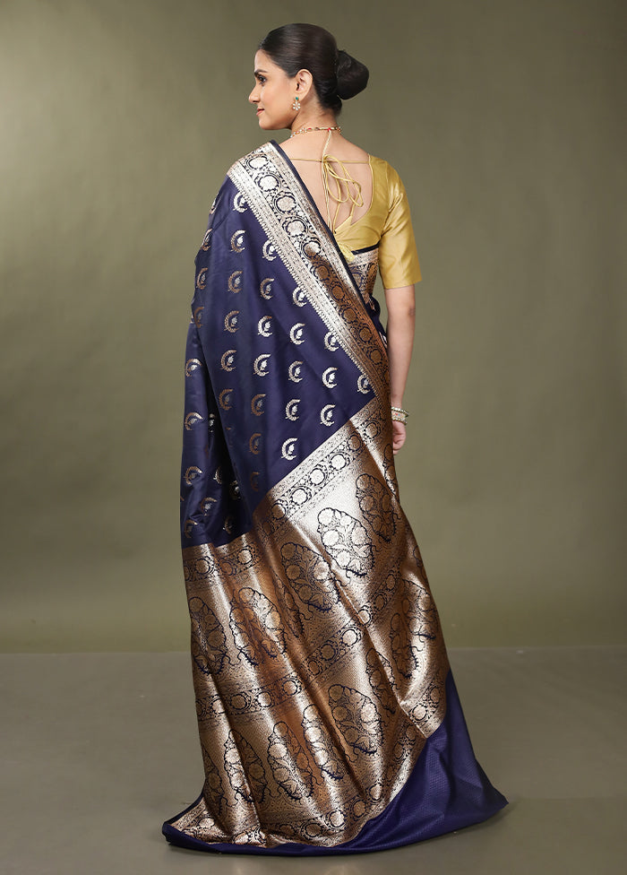 Blue Banarasi Silk Saree With Blouse Piece