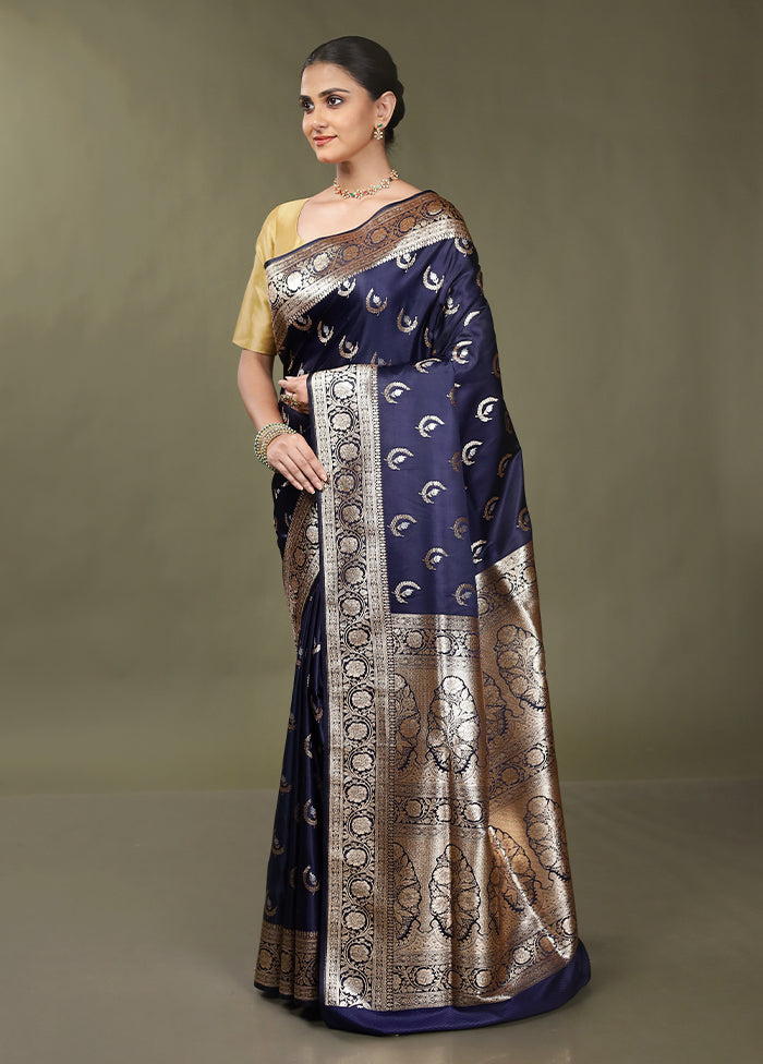 Blue Banarasi Silk Saree With Blouse Piece