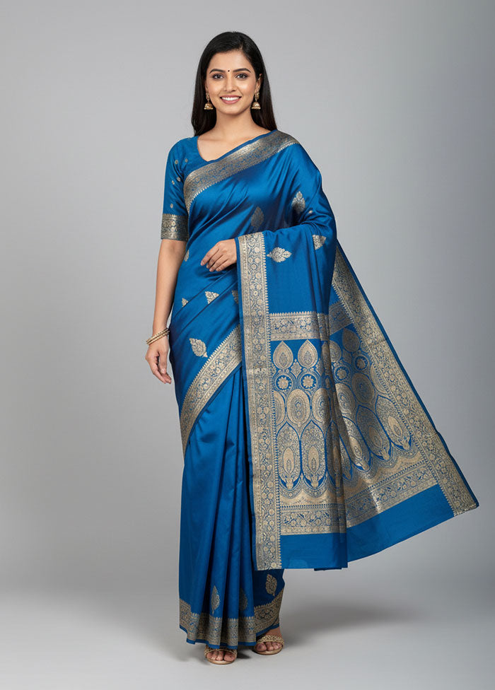 Blue Banarasi Silk Saree With Blouse Piece