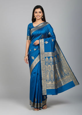 Blue Banarasi Silk Saree With Blouse Piece