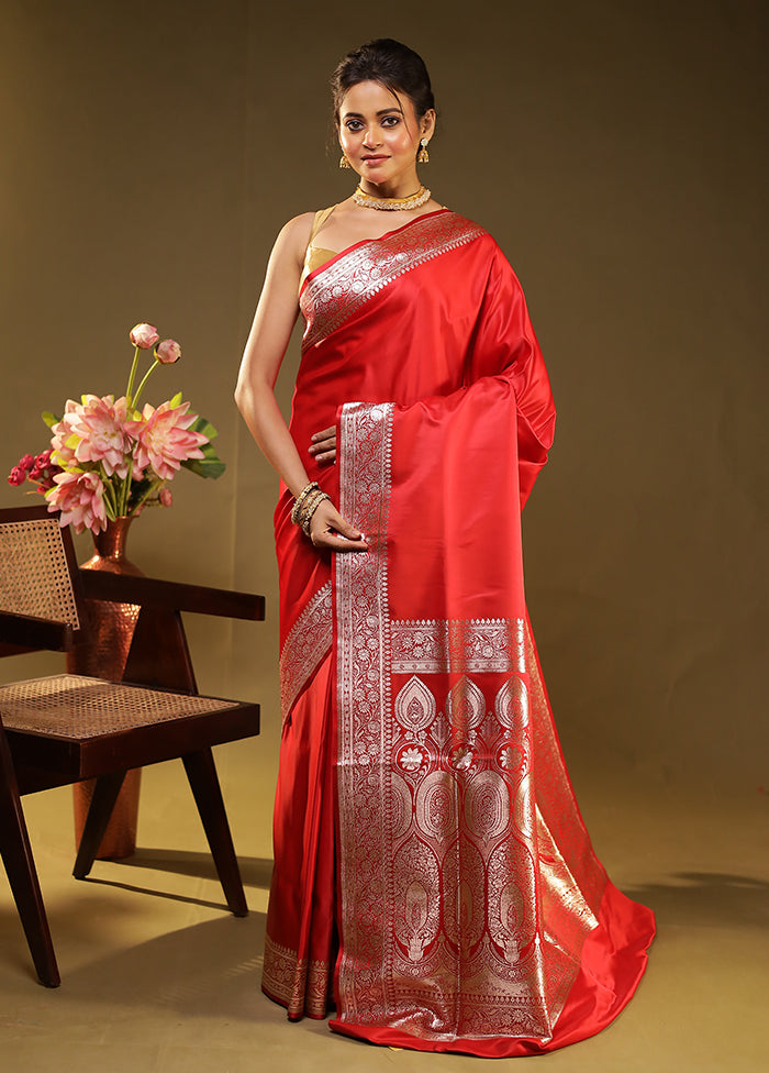 Red Banarasi Silk Saree With Blouse Piece